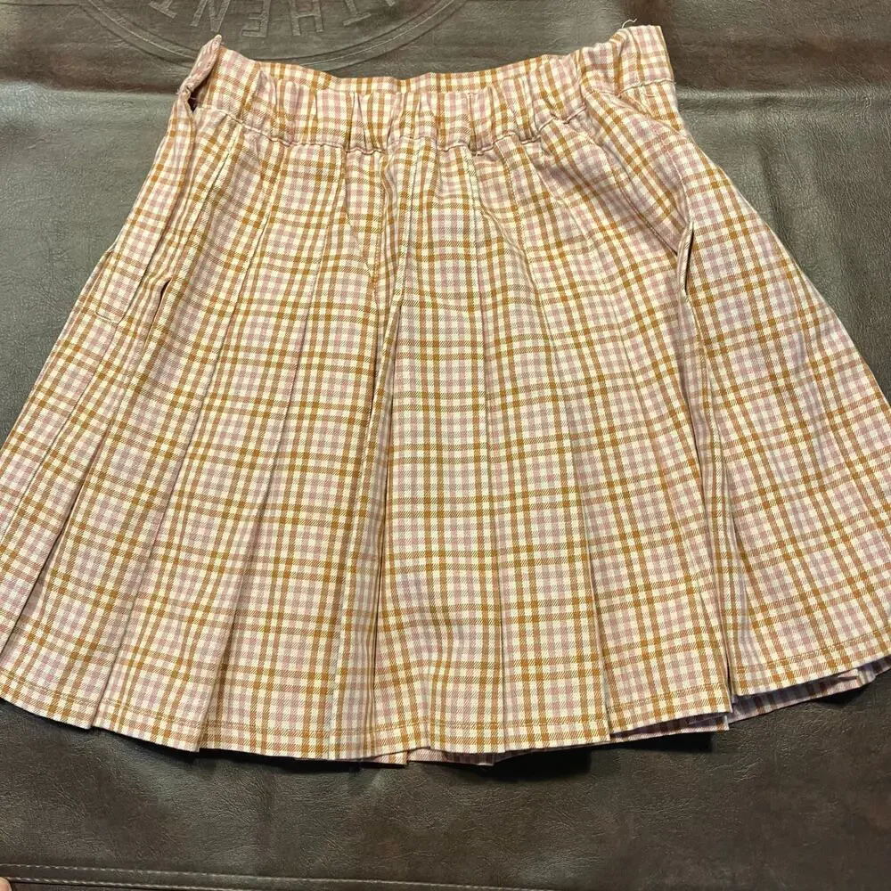 New Aerie Pleated Mini Skirt Pink‎ Brown Gingham Plaid Size XS $49.95 Preppy
